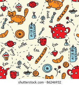 Tea and sweets seamless pattern with cats