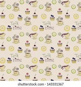 Tea, sweets seamless pattern. Copy that square to the side and you'll get seamlessly tiling pattern