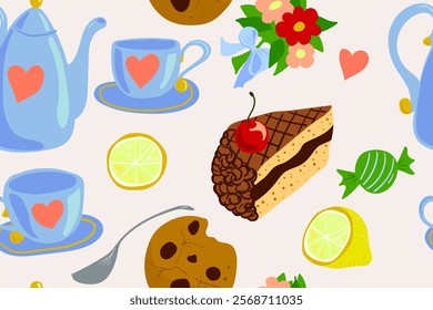 Tea with sweets. Seamless pattern with hand drawn teapot, cups, flowers and sweets. Vector