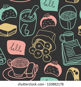 Tea and sweets seamless pattern on dark background