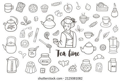Tea and sweets. Set of hand drawn vector doodle design elements.
