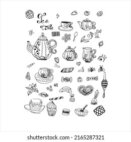 Tea, sweets, tea time. Illustration for design. Doodle illustration. A hand-drawn drawing. Premium vector.