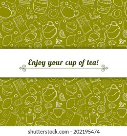 Tea and sweets vector background in doodle style with place for text, template for use as packaging, fabric