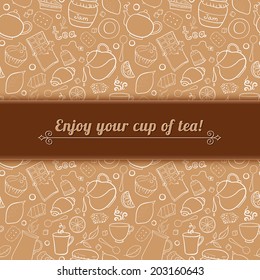 Tea and sweets vector background in doodle style with place for text, template for use as packaging, fabric, paper,