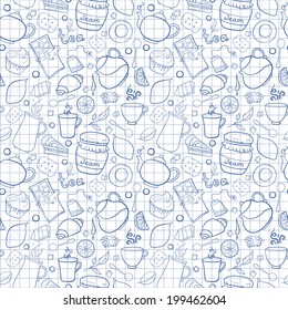 Tea and sweets vector seamless pattern with outline object in doodle style on exercise book background