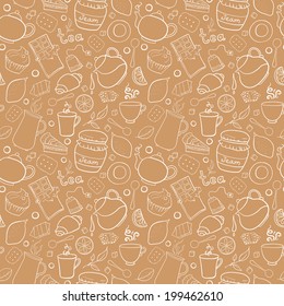 Tea and sweets vector seamless pattern with outline object in doodle style, template for use as packaging, fabric, paper, background