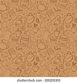 Tea and sweets vector seamless pattern with outline object in doodle style, template for use as packaging, fabric, paper, background