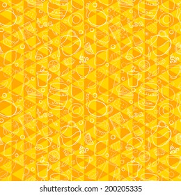 Tea and sweets vector seamless pattern with outline object in doodle style on geometric background