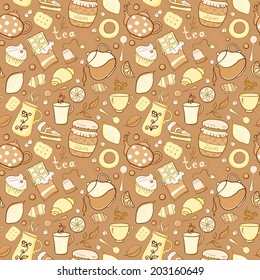 Tea and sweets vector seamless pattern in doodle style, template for use as packaging, fabric, background