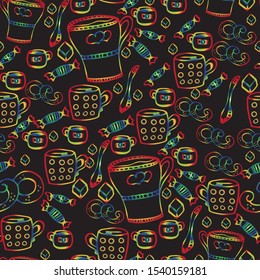 Tea with sweets.Seamless pattern, hand-drawn