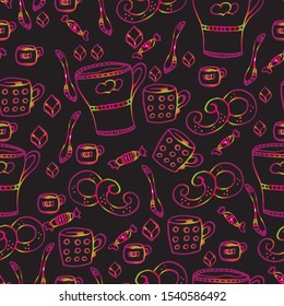 Tea with sweets.Seamless pattern, hand-drawn. Brightly colored contour. Hand-drawn doodle. Tea and sweets, sweets, bagels, cookies. Pieces of sugar.