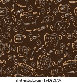 Tea with sweets.Seamless pattern, hand-drawn. Brightly colored contour. Hand-drawn doodle. Tea and sweets, sweets, bagels, cookies. Pieces of sugar.