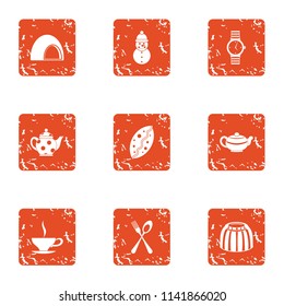 Tea table icons set. Grunge set of 9 tea table vector icons for web isolated on white background