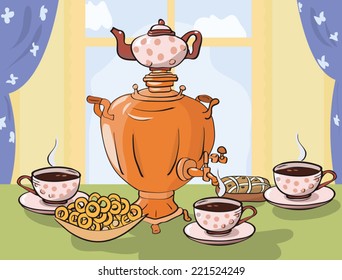 tea table with samovar in Russian or Slavic style 