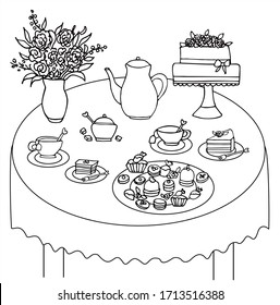 Una mesa de té con ramo de flores, té, tetera, dulces y pasteles. Vector blanco y negro para colorear, para tarjeta o regalo. 