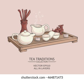 Tea table with teapot, tea bowls, tea jug and tea tools