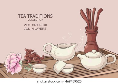 Tea table with teapot, tea bowls, tea jug and tea tools - Shutterstock ID 469439525