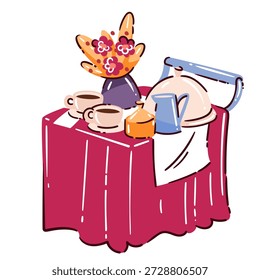 Tea table with teapot, cups, sugar bowl and flower vase, cozy tabletop composition with ceramic dishware and textile tablecloth. Cartoon doodle style, outline vector illustration.