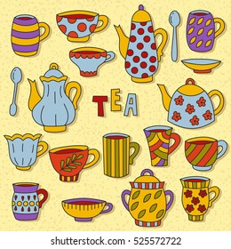 Tea tableware tea cups mugs spoons sugar-bowl teapot cute colorful doodles collection