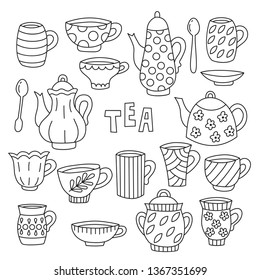 tea tableware doodle icons set with mugs cups teapot spoons and other objects. Isolated