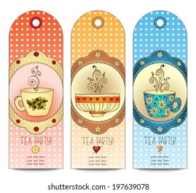 Tea tag collection. Tea, coffee and sweets doodle template pattern invitation. Greeting card. Tea Branding Design. Breakfast Banners with cup, cake, croissant and dots pattern.