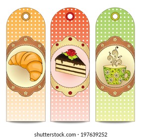 Tea tag collection. Tea, coffee and sweets doodle template pattern invitation. Greeting card. Tea Branding Design. Breakfast Banners with cup, cake, croissant and dots pattern.