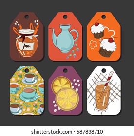 Tea tags with teapots, cups, cupcakes and floral elements and patterns