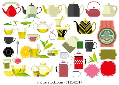 tea, teacup and kettle, tea leaf, big set, kitchenware items