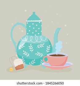 Tea, Teacup Kettle And Teabag Hot Beverage Vector Illustration