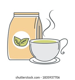 tea, teacup with pack product line and fill vector illustration