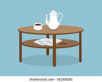 Tea with teacup with paper with pen on table. Vector illustration