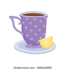 tea, teacup with slice lime on dish beverage vector illustration isolated design