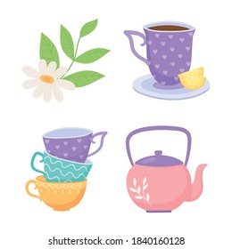 tea, teacups teapot lemon flower herbal leaf beverage icons vector illustration