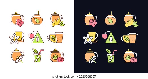 Tea and tea-like beverages light and dark theme RGB color icons set. Hot herbal beverages. Chai drink. Isolated vector illustrations on white and black space. Simple filled line drawings pack