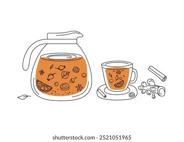 Tea in a teapot and cup. Hot healthy warming drink. Ginger, cinnamon, rose hips, mint. Winter season. Line icons, drawing, doodle.