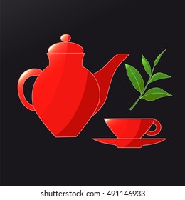 Tea. Teapot, Cup, tea leaves. Isolated objects on black background. Icon