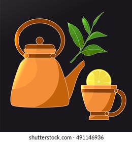 Tea. Teapot, Cup, lemon, tea leaves. Isolated objects on black background. Icon