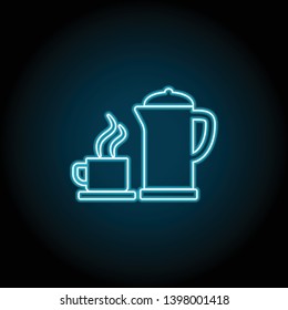 tea, teapot, cup neon icon. Simple thin line, outline vector of Food icons for UI and UX, website or mobile application on dark blue gradient background