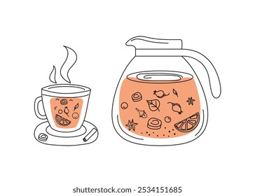 Té en tetera y taza. Fiesta del té. Bebida saludable caliente con limón, jengibre, menta, especias. Iconos de línea, dibujos Doodle. Ilustración vectorial de íconos de la hora del té para el diseño de menús de cafeterías y restaurantes.