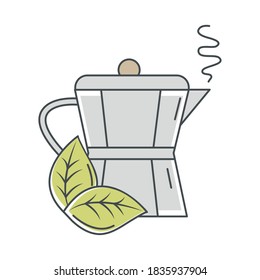 té, bebida caliente de tetera con línea de hoja e ilustración del vector relleno