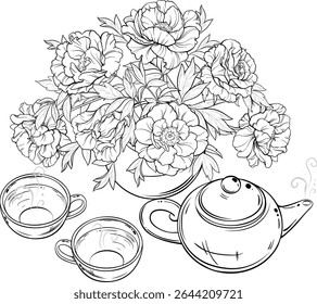 Сup of Tea and Teapot with Peonies Vetor isolado para Design e Decoração para Cafeteria, Pôsteres, Faixas, Cartões. Caneca de bebida quente aquecimento de inverno. Ilustração do esboço da bebida do aroma. 