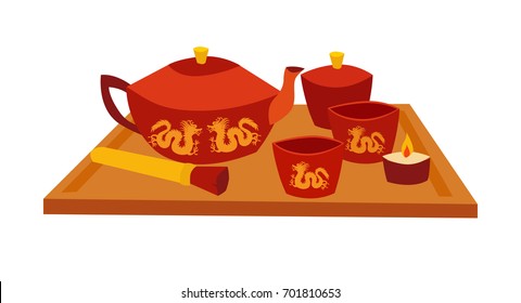 Tea teremony tool vector card. Traditional chinese teapot and cups. Flat cartoon vector illustration, isolated on white background