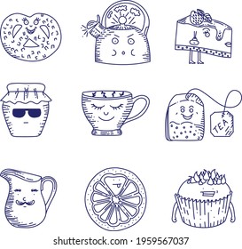 Tea theme character set. Cup, cookie, jam, muffin, lemon,milk.