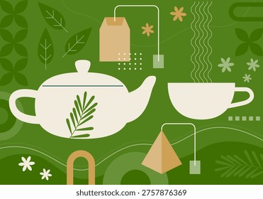 Tea theme elements. Green tea Matecha Japanese Tea Party. International Tea Day