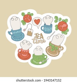Tea theme. Lettering poster. Hot drinks cups. Tea sticker. Isolated vector object. Rose flowers and heart. 