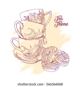 Tea theme. Sketch of party tea cups and donuts. Vector illustration on the theme of the tea party in vintage style. Isolated white background.