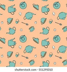 Tea themed hand drawn seamless pattern