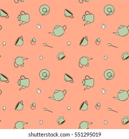 Tea themed hand drawn seamless pattern