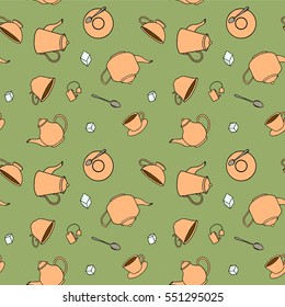 Tea themed hand drawn seamless pattern