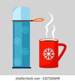 Tea thermos and cup illustration. Hot drink, winter walk, warming. Winter concept. Vector illustration can be used for topics like activity, active life, drinks